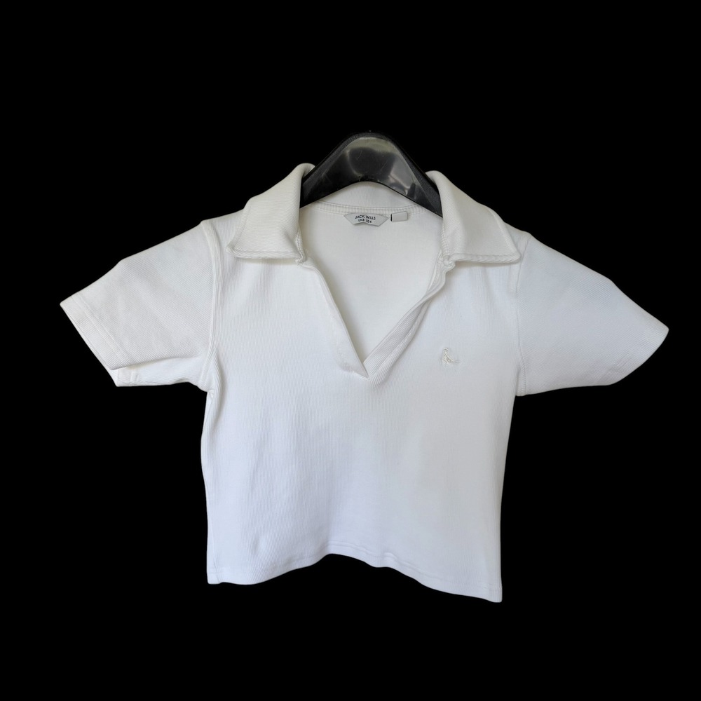 Jack Wills White Ribbed‎ Polo Shirt V-Neck Short Sleeve Embroidered US 4 UK 8